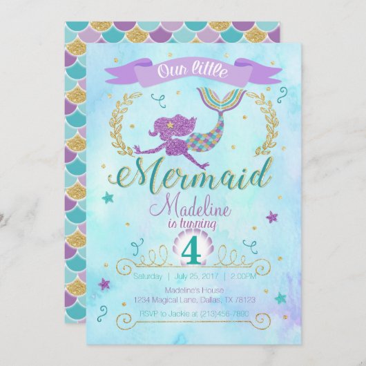 Mermaid Birthday Party Invitation Paars Blauwgroen Kaart (Voorkant / Achterkant)