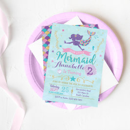 Mermaid Birthday Party Invitation Paars Pink Gold Kaart