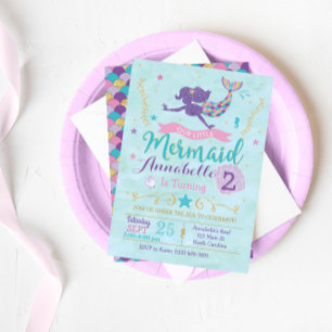 Mermaid Birthday Party Invitation Paars Pink Gold Kaart