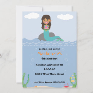 Mermaid Birthday Party Invitation - Tan/Dark Brown Kaart
