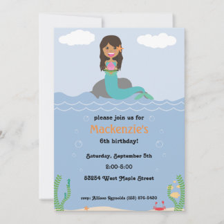 Mermaid Birthday Party Invitation - Tan/Dark Brown Kaart