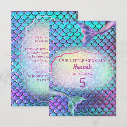 mermaid Birthday Party Kaart (Voorkant / Achterkant)