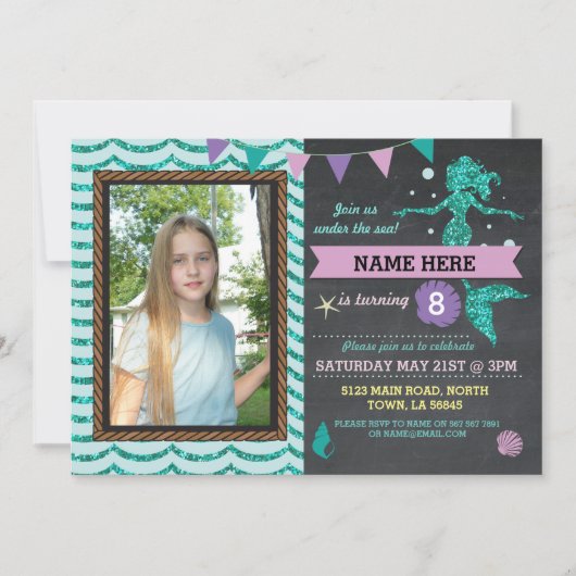Mermaid Birthday Party Photo Zee Glitter Invite Kaart (Voorkant)