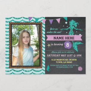Mermaid Birthday Party Photo Zee Glitter Invite Kaart