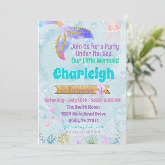 Mermaid Birthday Party Pool Party Initiation Invi Kaart (Staand voorkant)