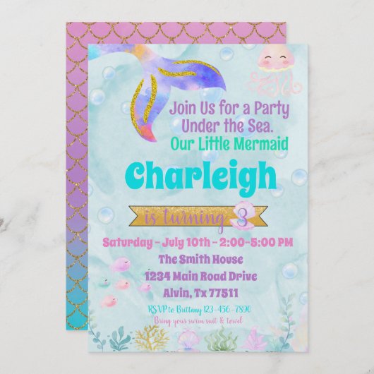 Mermaid Birthday Party Pool Party Initiation Invi Kaart (Voorkant / Achterkant)