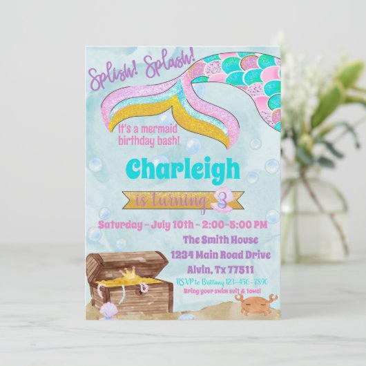Mermaid Birthday Party Pool Party Initiation Kaart (Staand voorkant)