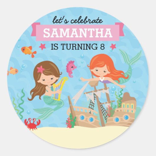 Mermaid Birthday Party Ronde Sticker (Voorkant)