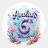 Mermaid Birthday Party Sticker – Custom Name & Age (Voorkant)