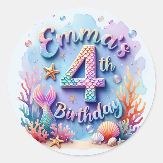 Mermaid Birthday Party Sticker – Custom Name & Age (Voorkant)