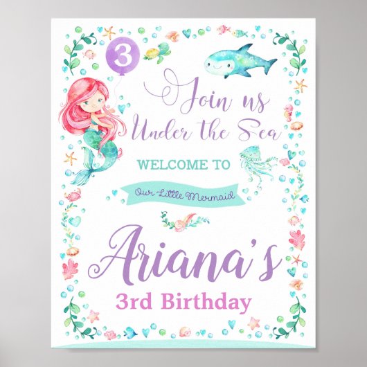 Mermaid Birthday Party Welcome Sign Poster (Voorkant)
