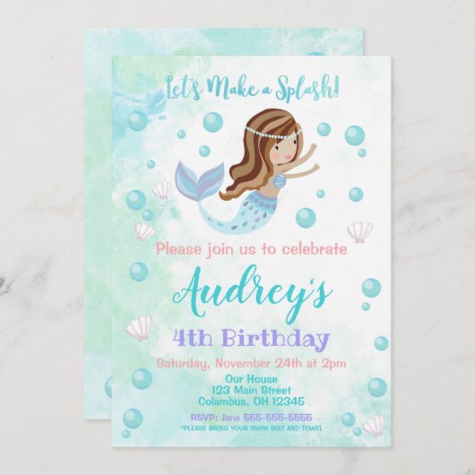 Mermaid Birthday Uitnodiging (Voorkant / Achterkant)