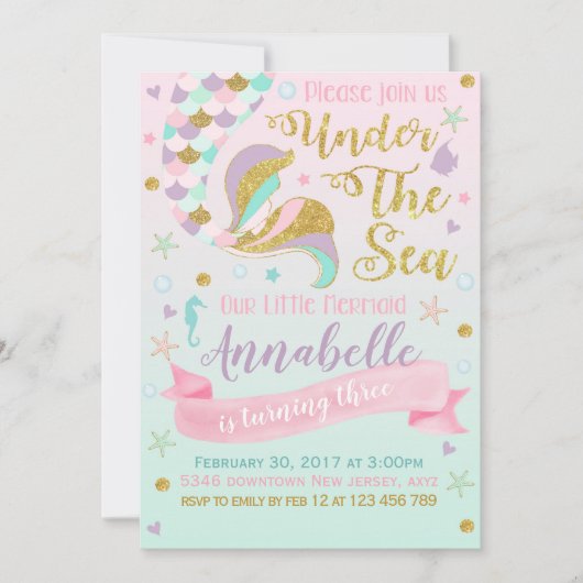Mermaid Birthday Uitnodiging (Voorkant)