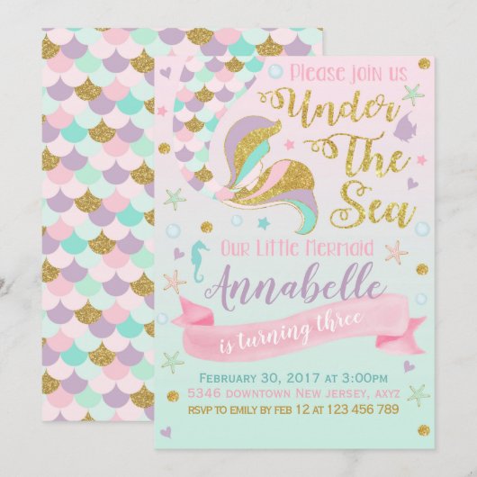 Mermaid Birthday Uitnodiging (Voorkant / Achterkant)