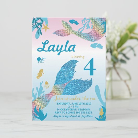 Mermaid Birthday Uitnodiging (Staand voorkant)