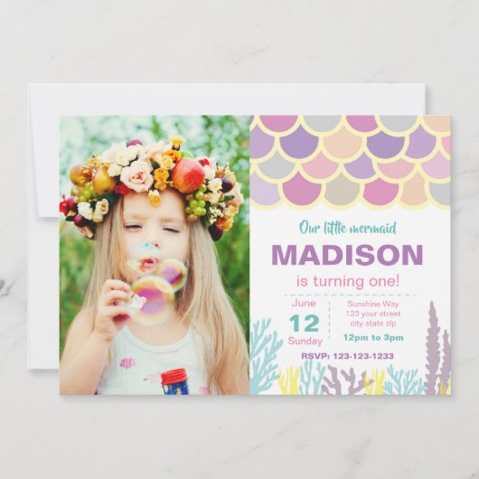 Mermaid Birthday Uitnodiging met foto (Voorkant)