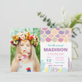 Mermaid Birthday Uitnodiging met foto (Staand voorkant)