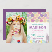 Mermaid Birthday Uitnodiging met foto (Voorkant / Achterkant)