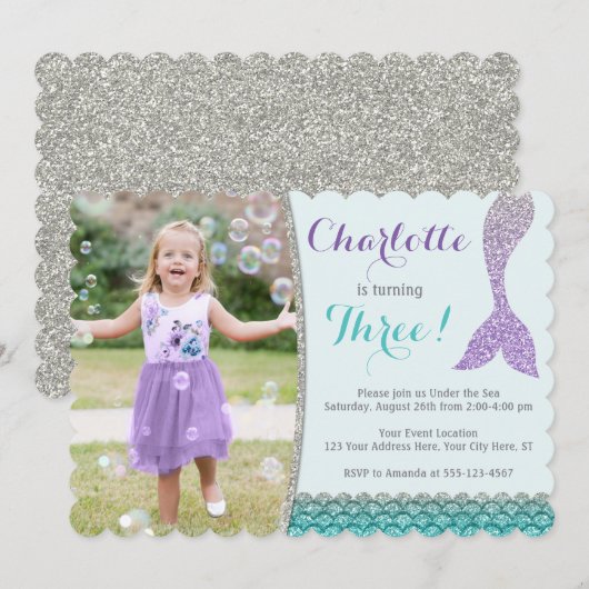 Mermaid Birthday Uitnodiging met foto (Voorkant / Achterkant)