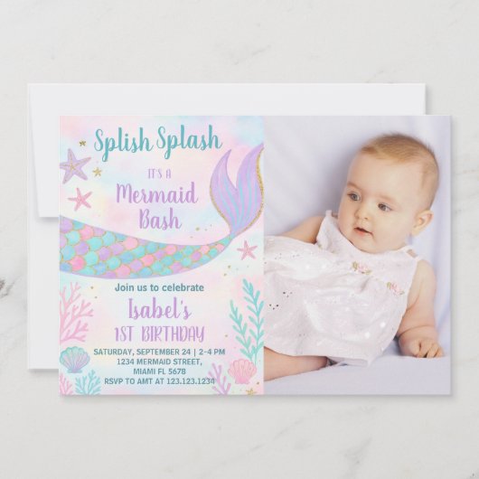 Mermaid Birthday Uitnodiging met foto (Voorkant)