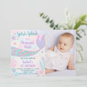 Mermaid Birthday Uitnodiging met foto (Staand voorkant)