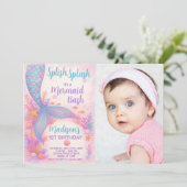 Mermaid Birthday Uitnodiging met foto (Staand voorkant)