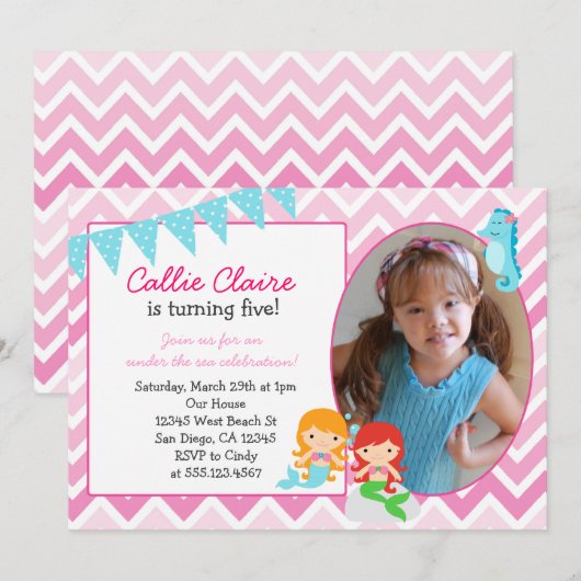 Mermaid Birthday Uitnodiging Uitnodiging Fotokaart (Voorkant / Achterkant)