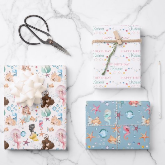 Mermaid Birthday Wrapping Paper Sheets (Voorkant)