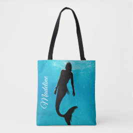 Mermaid Black Blue Ocean Modern Beach Tote Bag