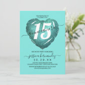 Mermaid Blauwgroen Glitter Heart Balloon Quinceañe Kaart (Staand voorkant)