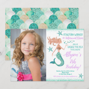 Mermaid blauwgroen goud onder zee verjaardagsfoto kaart