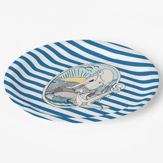 Mermaid Blue en White Stripe Paper-Borden Papieren Bordje (Gekanteld)