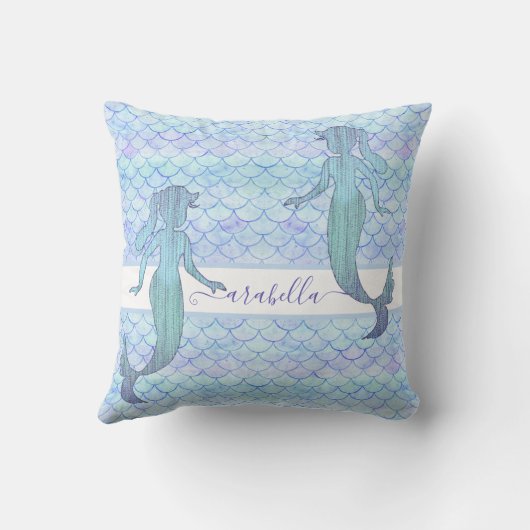 Mermaid Blue Paars Waterverf Fish Scale Name Kussen (Achterkant)