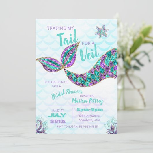 Mermaid Bridal Shower-uitnodiging, glitter Kaart (Staand voorkant)
