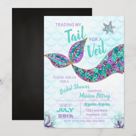 Mermaid Bridal Shower-uitnodiging, glitter Kaart (Voorkant / Achterkant)