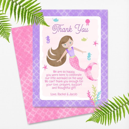 Mermaid Brown Hair Waterverf Baby shower Bedankkaart