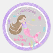 Mermaid Brown Hair Zee Creater Paars Birthday Ronde Sticker (Voorkant)