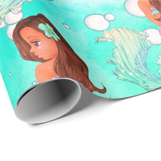 Mermaid Bubbles Blauw roze, donkerbruin Cadeaupapier (Rol Hoek)
