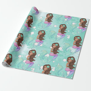 Mermaid Bubbles Blue Roze Donkere haar Cadeaupapier