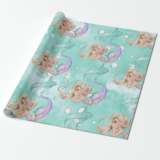 Mermaid Bubbles Cute Pink Blue Gift Cadeaupapier (Uitgerold)