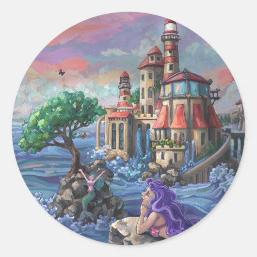 Mermaid Castle Ronde Sticker (Voorkant)