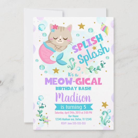 Mermaid Cat Birthday Invitation, Kitten Pool Party Kaart (Voorkant)