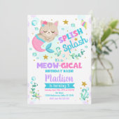 Mermaid Cat Birthday Invitation, Kitten Pool Party Kaart (Staand voorkant)