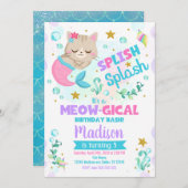 Mermaid Cat Birthday Invitation, Kitten Pool Party Kaart (Voorkant / Achterkant)