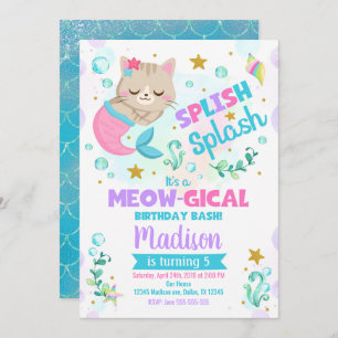 Mermaid Cat Birthday Invitation, Kitten Pool Party Kaart