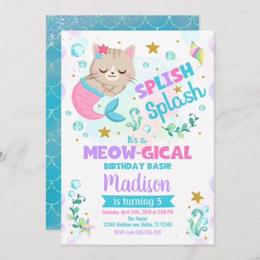 Mermaid Cat Birthday Invitation, Kitten Pool Party Kaart (Voorkant / Achterkant)