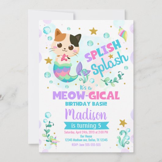 Mermaid Cat Birthday Invitation, Kitten Pool Party Kaart (Voorkant)