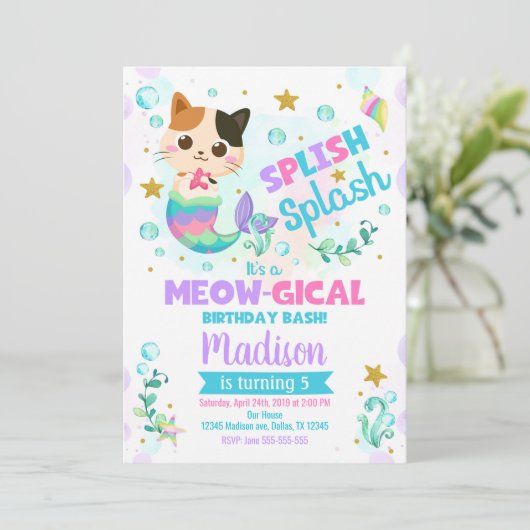 Mermaid Cat Birthday Invitation, Kitten Pool Party Kaart (Staand voorkant)