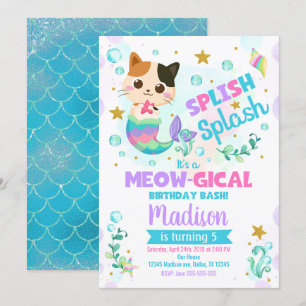 Mermaid Cat Birthday Invitation, Kitten Pool Party Kaart