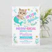 Mermaid Cat Birthday Invitation, Kitten Pool Party Kaart (Staand voorkant)